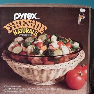 Vintage Pyrex Fireside Serving Bowl and Natural Rattan Basket